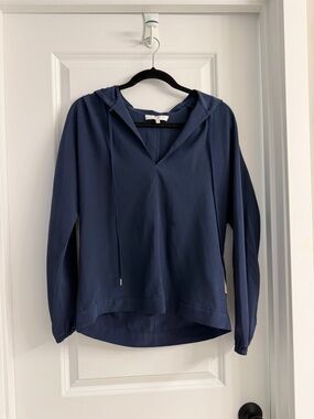 Tibi Navy Hooded V-Neck Pullover Top